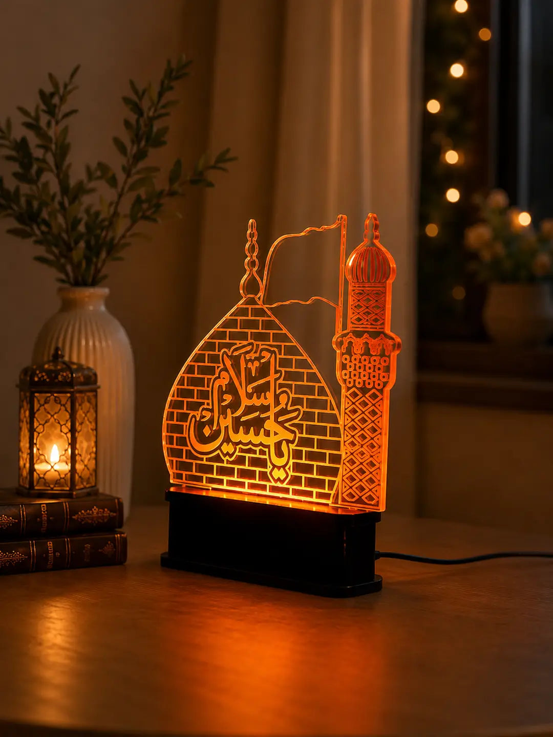 Ya Hussain LED Acrylic Lamp – Islamic Table Lamp with Shrine & Minaret Design Islamic Decor